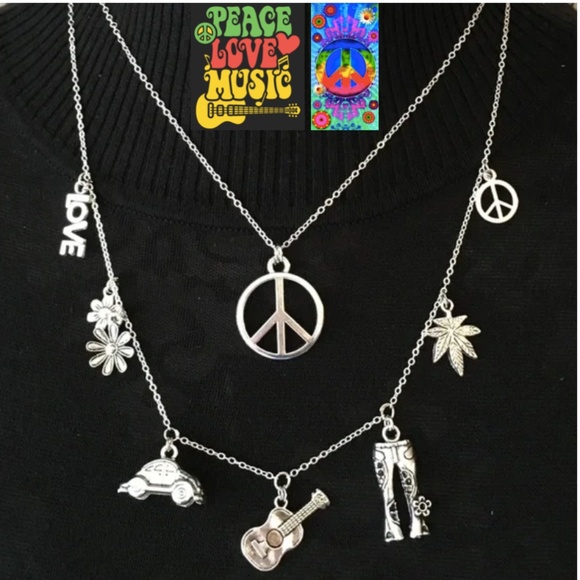 Hand Crafted Jewelry - "Groovy Hippie" Handmade 2-Layer Necklace, Flower Power Peace Love Music Guitar
